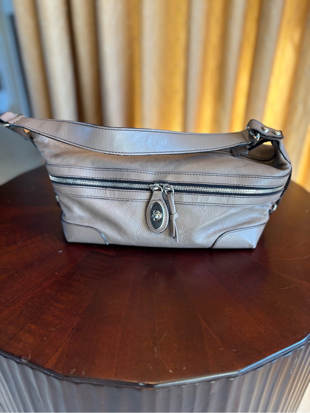 TOSCA BLU Taupe Leather Shoulder Bag with Front Zip Pocket